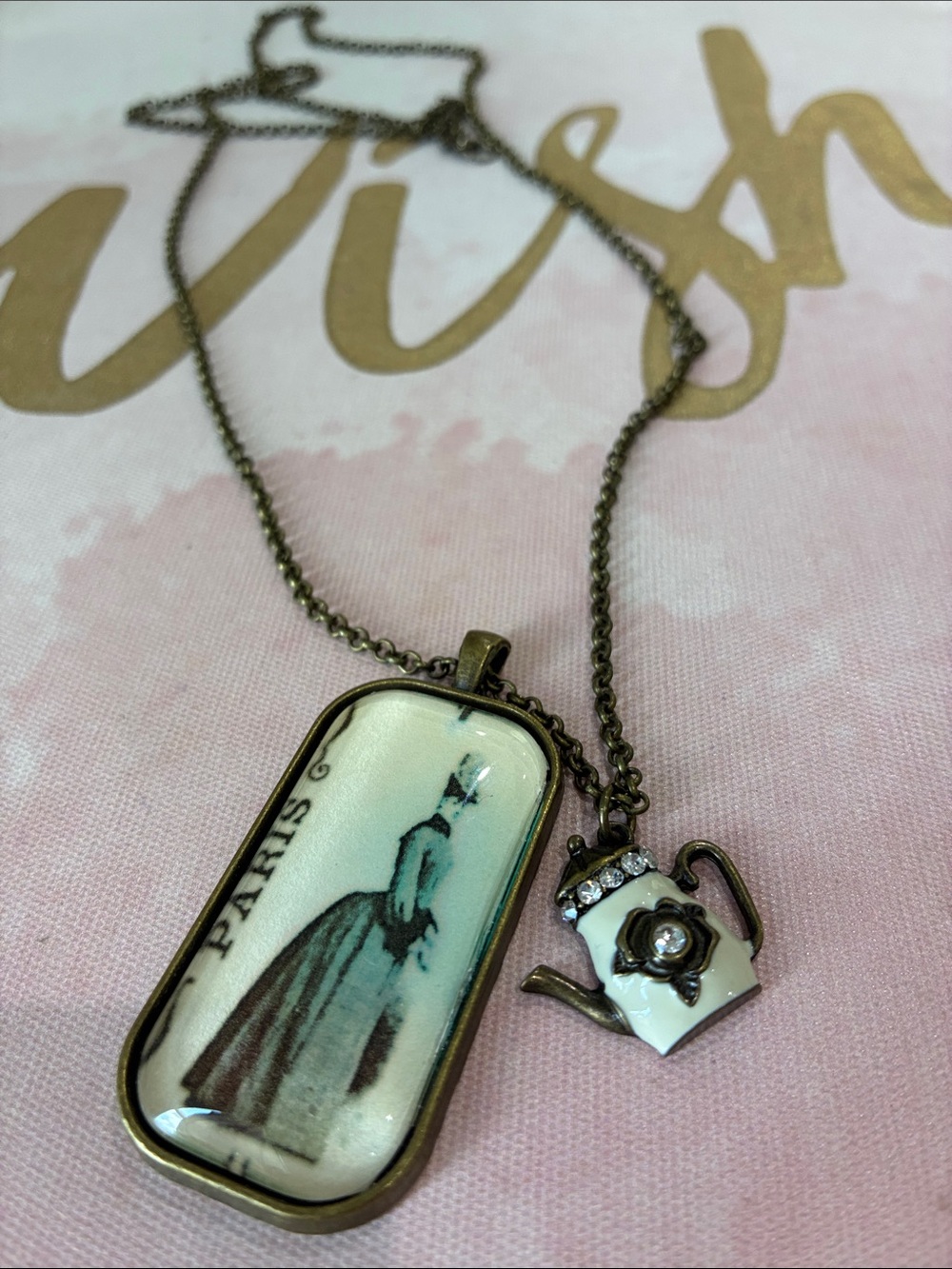 Vintage-Inspired White & Bronze Paris Pendant Necklace with Teapot Charm